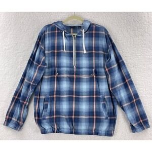 Quiksilver Anorak Sweater Mens Medium Neo Blue Twill Flannel‎ Long Sleeve Hooded